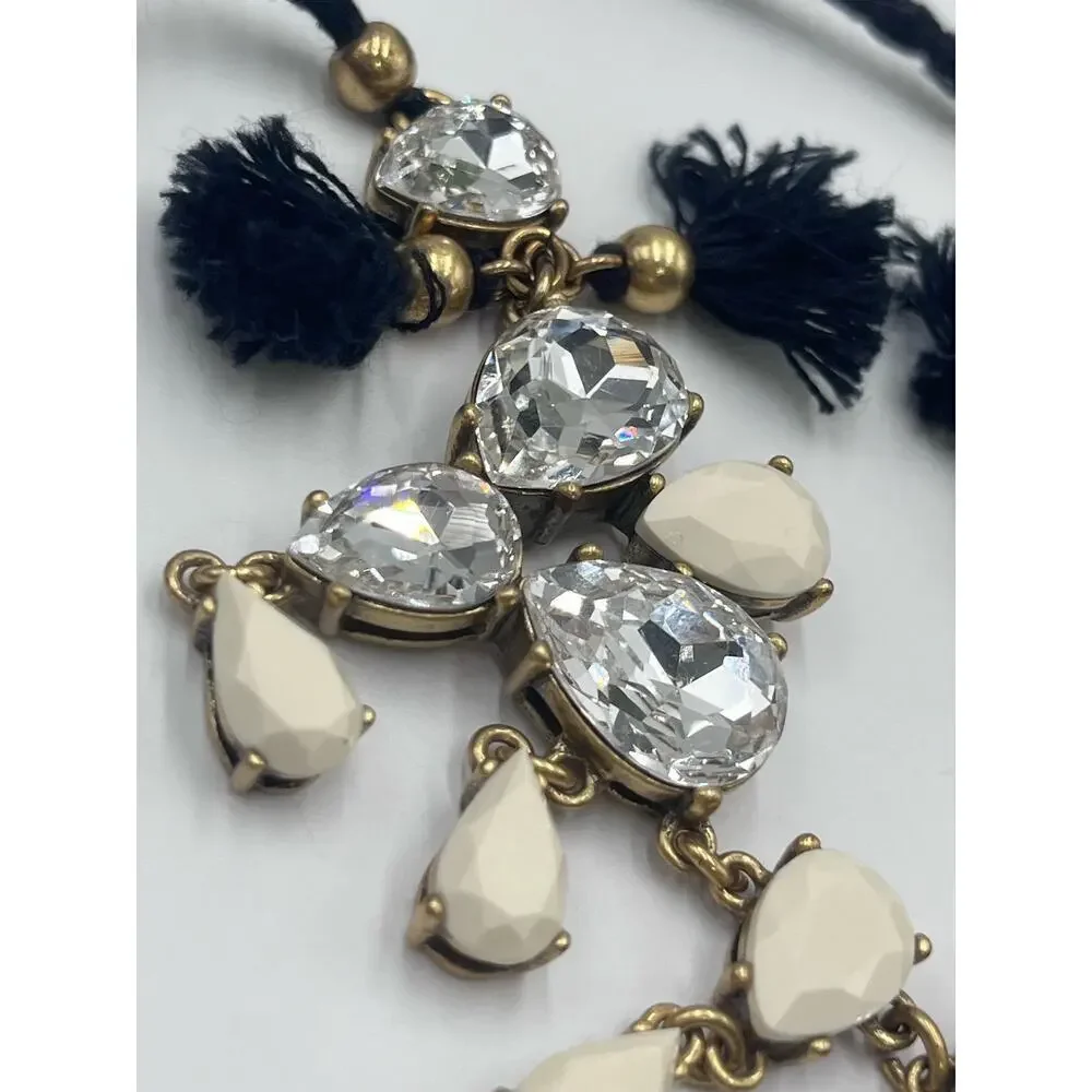 J. Crew Crystal Clear Milky White Gems Black Fringe‎ Adjustable Tie Necklace